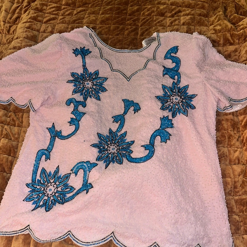 Women’s  Pink Top with Blue Floral Appliqué